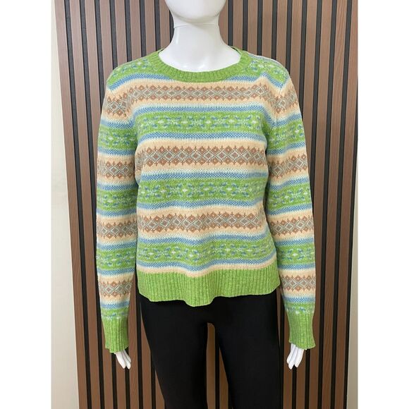 Quest Women’s M Lambswool Sweater Green Blue Fair Isle Stripe Knit Pullover Cozy - Picture 1 of 7